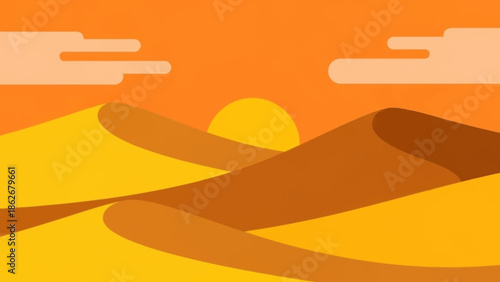 Vibrant Desert Landscape with Sunset and Dunes.