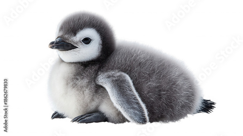 Adorable fluffy grey and white emperor penguin chick sitting down looking curiously towards the viewer with its dark eyes on transparent background