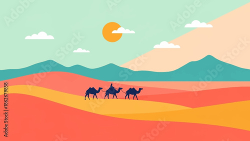 Two camels walking through a desert landscape with mountains.