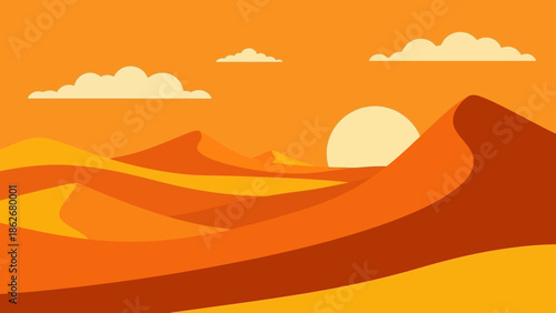 Desert landscape with sand dunes and orange sky at sunset.