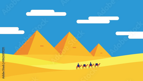 Desert landscape with pyramids and camel caravan under blue sky.