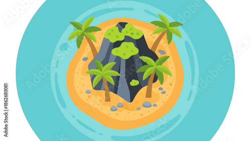 Tropical island with palm trees and rocky outcrop in the ocean.
