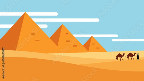 Desert Landscape with Pyramids and Camels.