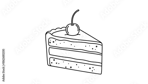 Minimalist black and white line art of a slice of layered cake with a cherry on top, ideal for bakery or dessert icons.