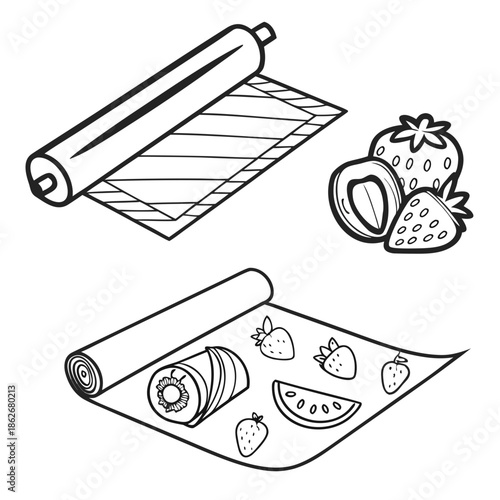 Baking sheet with fruit and roll