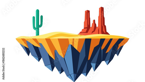 Stylized desert landscape with cactus and rock formations.