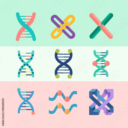 Colorful DNA Double Helix Structure Icons Set.