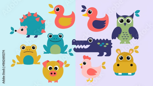 Colorful cartoon animals collection for kids and nursery decor.
