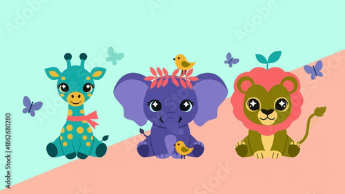 Colorful cartoon animals with butterflies on pastel background.