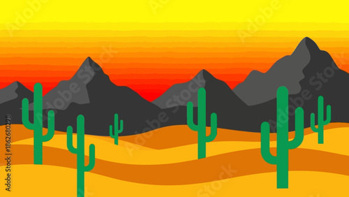 Vibrant Desert Landscape with Cacti and Mountains at Sunset.