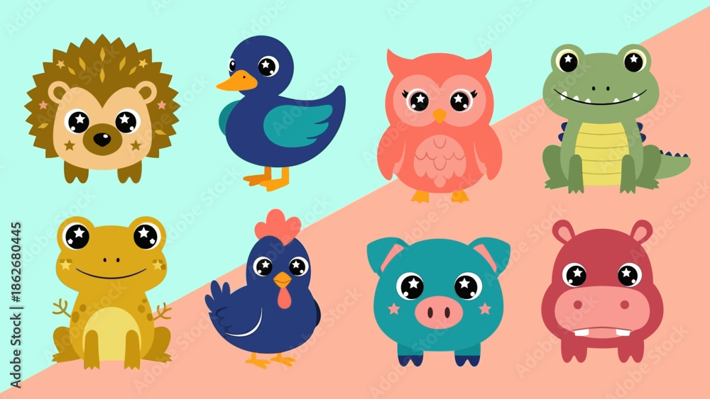 Obraz premium Cartoon animals including hedgehog, duck, and pig on pastel background.