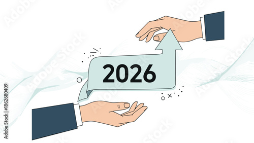 Business hands supporting a speech bubble with an upward arrow and the year 2026, symbolizing future growth and communication.