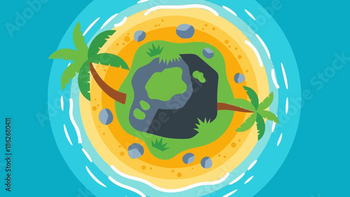 Tropical Island Paradise with Palm Trees and Ocean Waves.