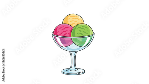 Colorful illustration of three scoops of ice cream in a glass bowl, featuring strawberry, vanilla, and pistachio or mint flavors.