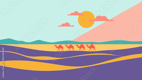 Three camels traversing a vibrant desert landscape at sunset.