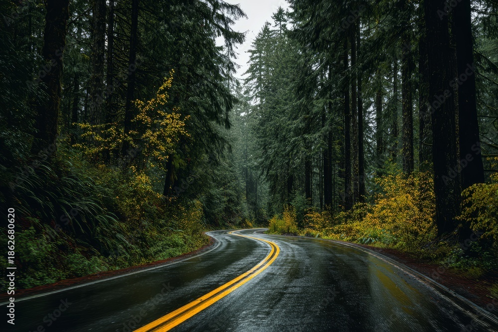 Fototapeta premium Winding Road Through Misty Forest in Rainy Season