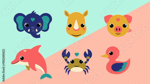 Collection of cartoon animal faces on pastel background.