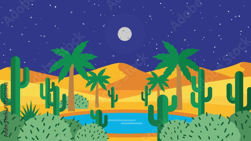 Desert landscape with cacti and palm trees under a starry night sky.