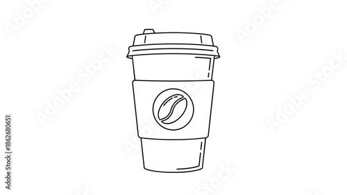 Simple black and white line drawing of a disposable coffee cup to go, with a lid, sleeve, and coffee bean logo.