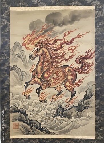 A fiery horse emerges from cloudy mountains, surrounded by flames and mist, in a dynamic illustration.