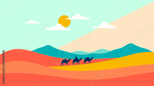 Desert landscape with camels traveling under a bright sun.