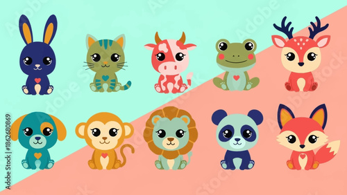 Colorful cartoon animals with cute facial expressions on pastel background.