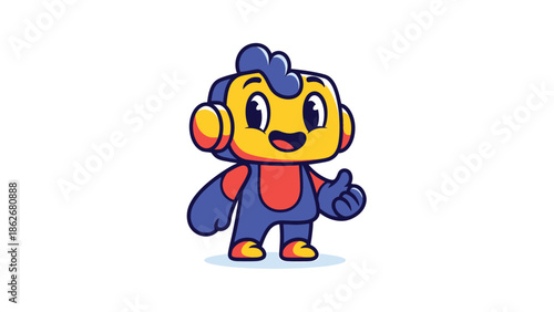 Cartoon character with headphones giving a thumbs up gesture.