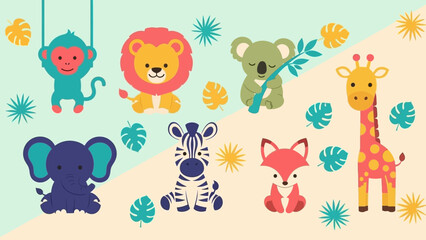Foto auf Acrylglas Zoo Colorful cartoon animals playing and surrounded by leaves.  © Abhinaya Project