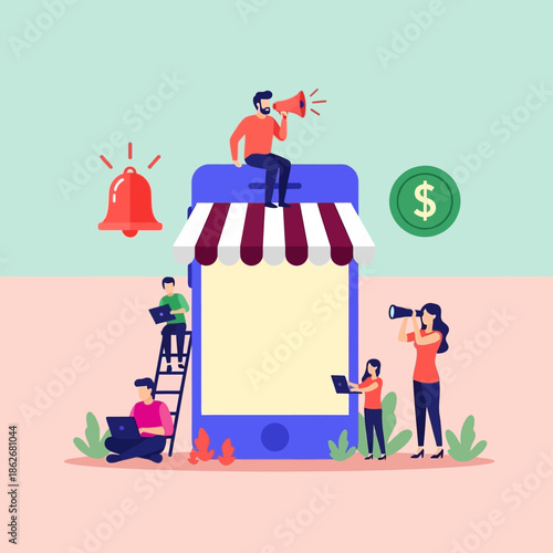 Digital marketing team promoting online store on large smartphone.