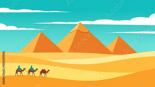 Camel ride through the Egyptian desert landscape with pyramids.
