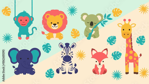 Colorful cartoon animals playing and surrounded by leaves.