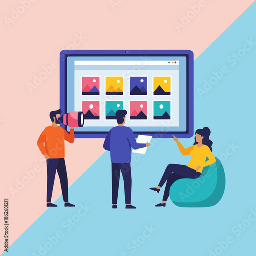 Three people collaborating on a graphic design project on a large computer screen.