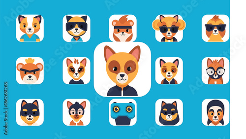 Collection of Adorable Cartoon Animal Avatars on Blue Background.
