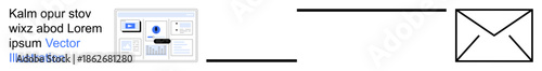 Email marketing, online messaging, digital communication, document exchange, business correspondence, internet services. Interface on one side, envelope on other. Email marketing and online messaging