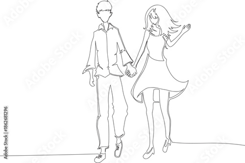 Continuous One Line Drawing of a Couple Walking Together, Love and Romance Concept eps10
