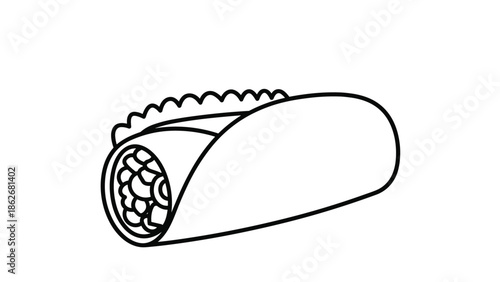 Simple black and white line drawing of a burrito or wrap, an ideal icon for a Mexican restaurant or fast food menu.
