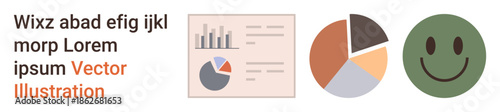 Data analysis, financial reports, market insights, graphical , business statistics, productivity monitoring. Bar and pie charts with a smile icon. Data analysis and financial reports concept