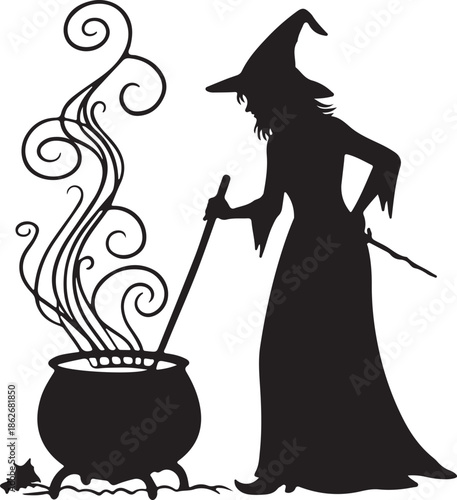 Halloween Witch Stirring Cauldron Black Silhouette Illustration with Magic Smoke