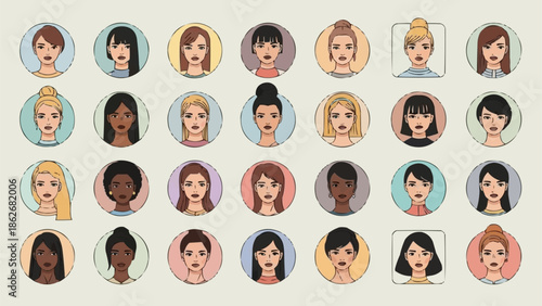 Diverse Collection of Womens Avatar Portraits in Circular Frames.