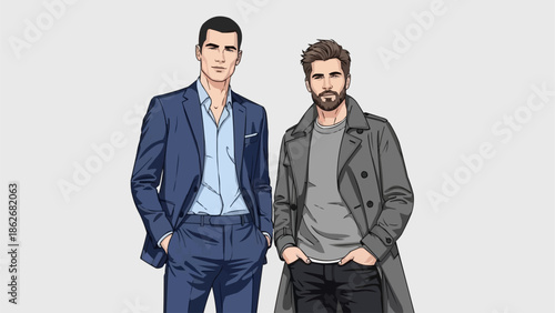 Two Stylish Men in Fashionable Outfits Standing Together.