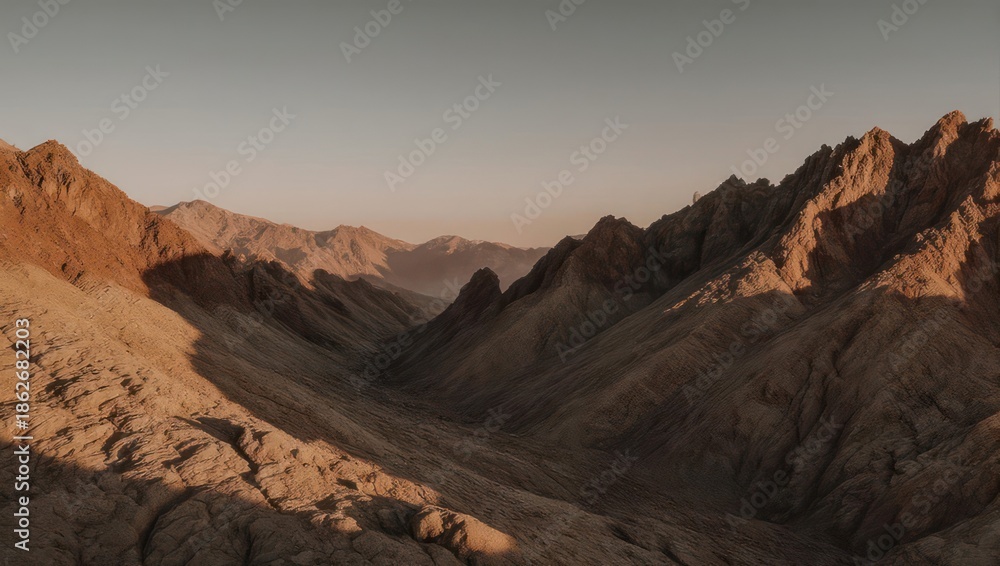 Fototapeta premium Rocky mountains, with valley fading to the horizon, lit by the setting sun