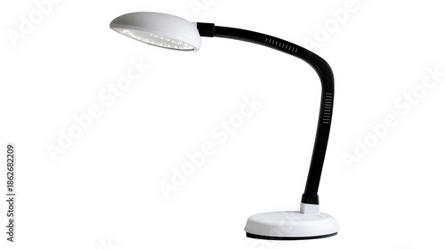 Modern adjustable gooseneck led desk lamp featuring bright illumination and a sleek black and white design for home office tasks on transparent background