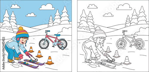 Child Learning to Ski with Cones and Bike in Snowy Landscape Coloring Page