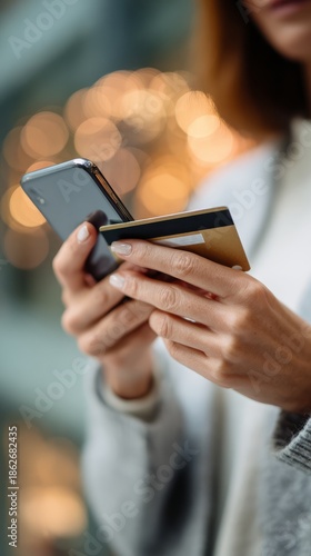 Woman Holding Mobile Phone and Credit Card
