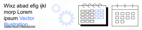 Scheduling, productivity, workflow, planning, task management, business operations. Two calendar icons with gear elements. Scheduling and productivity concepts for business operations and planning