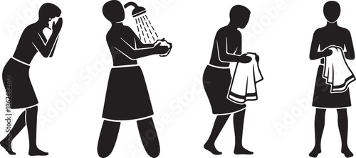 Hygiene steps from washing face and showering to drying with a clean towel