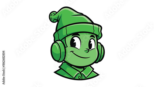 Green Cartoon Character with Headphones and Hat, Smiling.