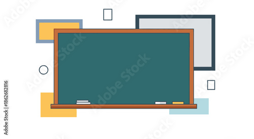 Chalkboard and rectangular shapes with vibrant colors, symbolizing school education and learning concepts in a modern flat design