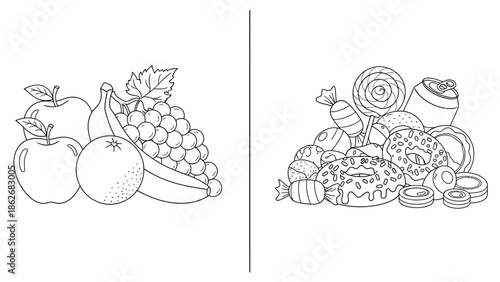 Healthy Fruits vs Unhealthy Sweets Coloring Pages for Kids