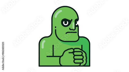Determined Green Cartoon Character with Clenched Fists and Intense Expression.